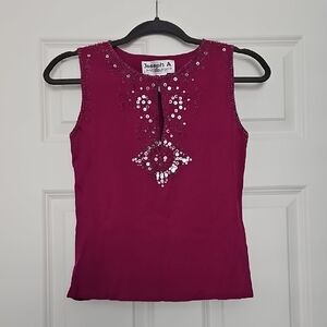 Joseph A Y2K Beaded Sequin Embellished Keyhole Sleeveless Knit Top Magenta M
